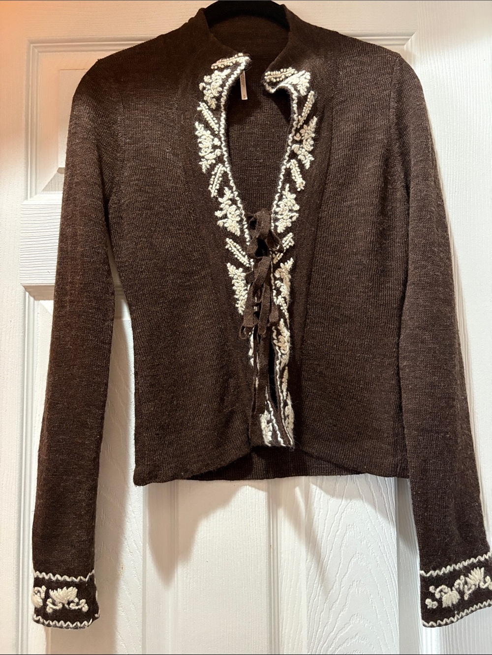 Free People Brown Tie-Front Cardigan with Cream Embroidery